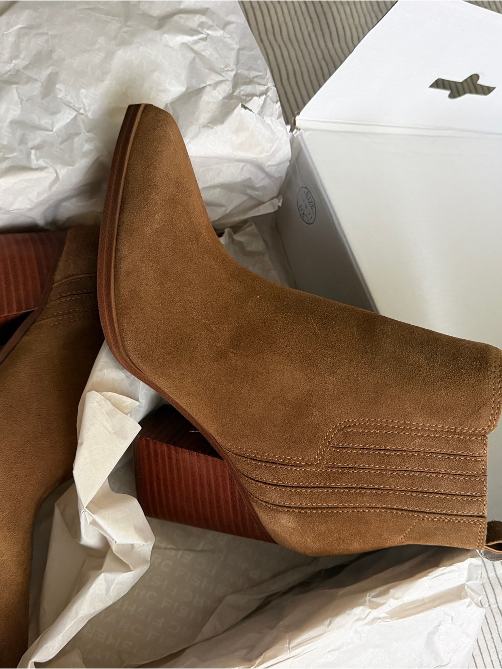 Marc Fisher Suede Ankle Booties in Chestnut Brown